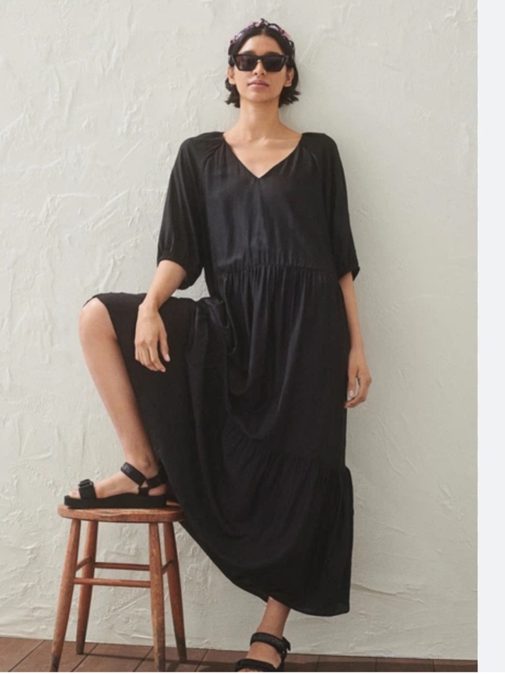 H&M Black V-Neck Tiered Maxi Dress with Elbow Sleeves